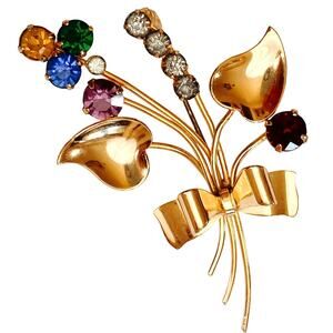 Mid Century Gold Vermeil Sterling Rhinestone Floral Spray Bow Brooch 1940s 1950s